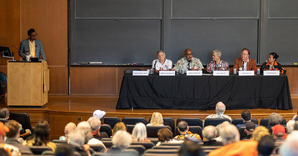 Princeton’s Frederick Wherry (far left) moderates an alumni-faculty forum on economic development and urban inequality with panelists Clifford Karchmer, Carlton Brown, Steve Adler, Robert Doar, and Natalie Tung.