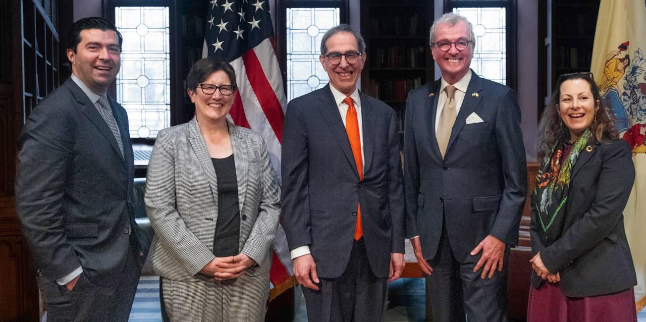 Group photo of New Jersey Economic Development Authority CEO Tim Sullivan; Princeton University Provost Jennifer Rexford; Princeton University President Christopher L. Eisgruber; New Jersey Gov. Phil Murphy; and Beth Noveck, New Jersey State Chief Artificial Intelligence Strategist.